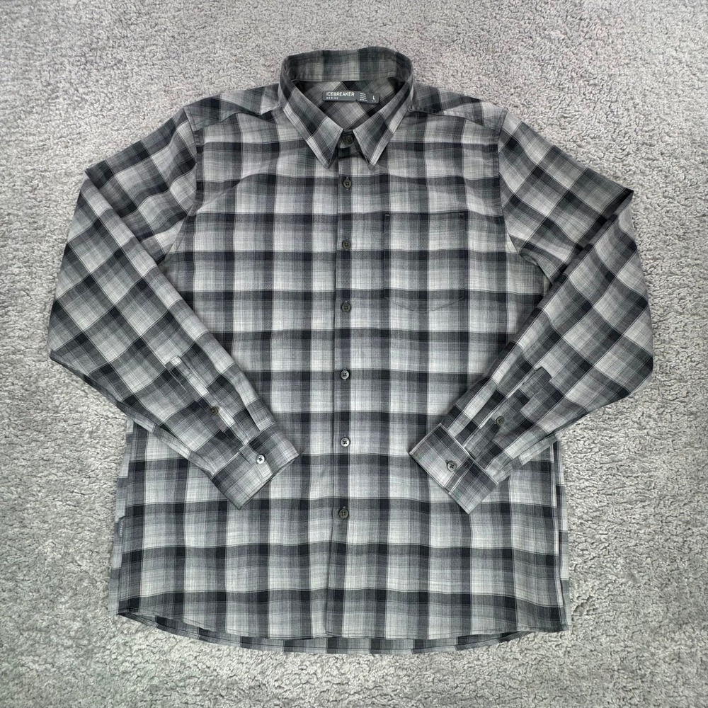 Icebreaker Merino Wool Plaid Long Sleeve Button Down Shirt Grey Black Mens L